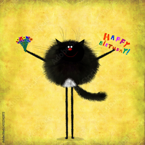 Photography Happy Birthday Card Black Cat Holding Flowers