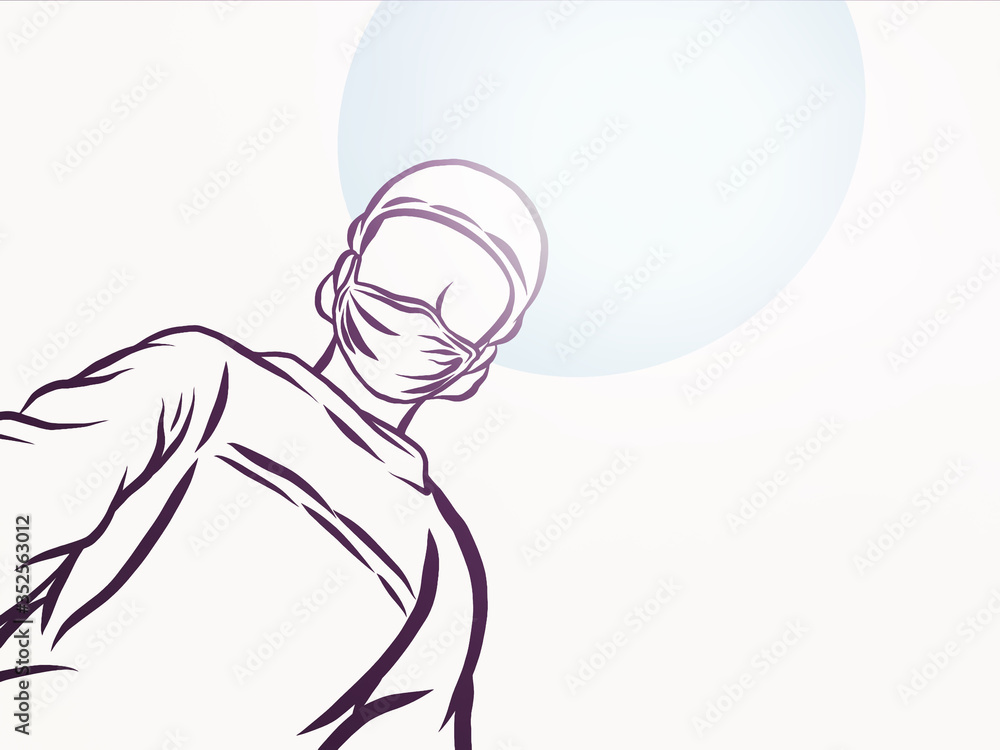 Line drawing,doctor wearing surgical mask,from the patient's perspective on the patient's bed,with lens flare,selective focus.Creative with illustration in flat design. Line drawing,doctor wearing surgical mask,from the patient's perspective on the patient's bed,with lens flare,selective focus.Creative with illustration in flat design.