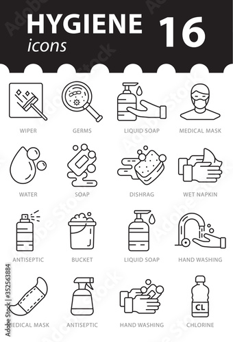 Set of Hygiene icons in vector. Simple a modern flat style illustration. Pictogram with names.