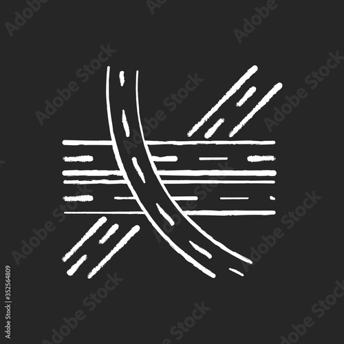 Multi level junction chalk white icon on black background. Highway system. Multiple tarmac roads. Drive on crossroad. Route for transport. Roadway direction. Isolated vector chalkboard illustration