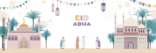 Holiday adha banner with mosque and celebrating people