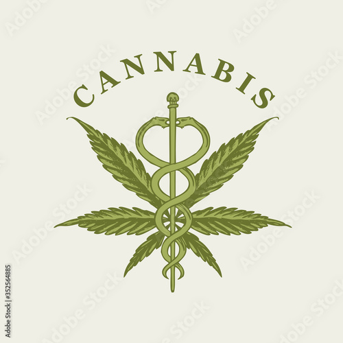 Vector banner on the theme of marijuana legalization. Illustration with a hand-drawn hemp leaf, a Caduceus and an inscription on a light background. Medical cannabis, natural product, organic hemp