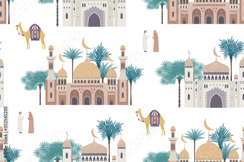 Seamless pattern with decorative mosques for holiday background