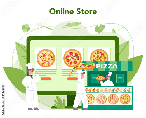 Pizzeria online service or platform. Chef cooking tasty delicious