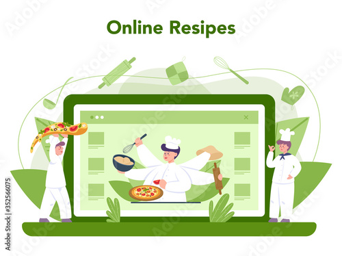 Pizzeria online service or platform. Chef cooking tasty delicious