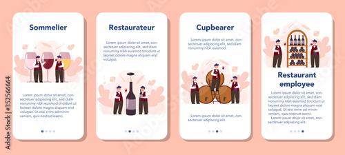 Sommelier mobile application banner set. Man with a bottle of grape