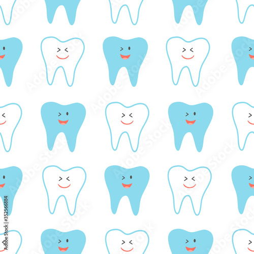 Cute Teeth with smiling face seamless pattern on blue background.