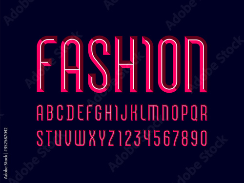 Red font, bright alphabet from chiseled block, beveled letters and numbers, vector illustration 10eps