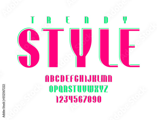 Graphic trendy font, colored alphabet sans serif, modern uppercase Latin letters from A to Z and Arab numbers from 0 to 9 for you designs, vector illustration 10EPS