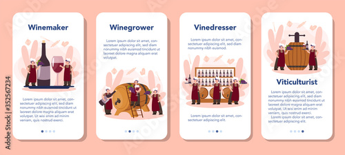 Wine maker mobile application banner set. Man wearing his apron