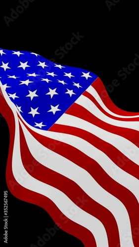 Waving flag of the United States of America on a dark background. Stars and Stripes. State symbol of the USA. 3D illustration