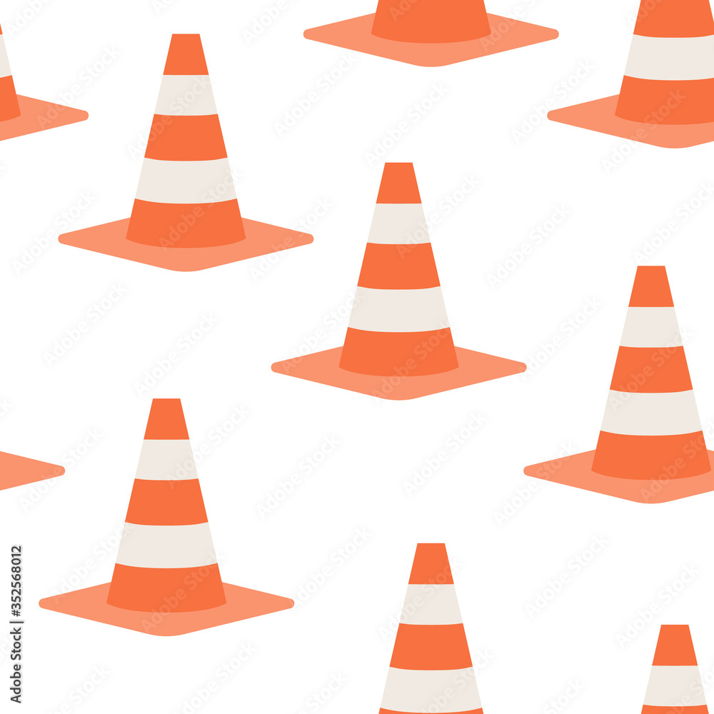 Road cones seamless pattern. Repetitive vector illustration on transparent background. Road cones, traffic cones for web, design, wrapping paper, fabric, wallpaper. Road cones seamless pattern. Repetitive vector illustration on transparent background. Road cones, traffic cones for web, design, wrapping paper, fabric, wallpaper.