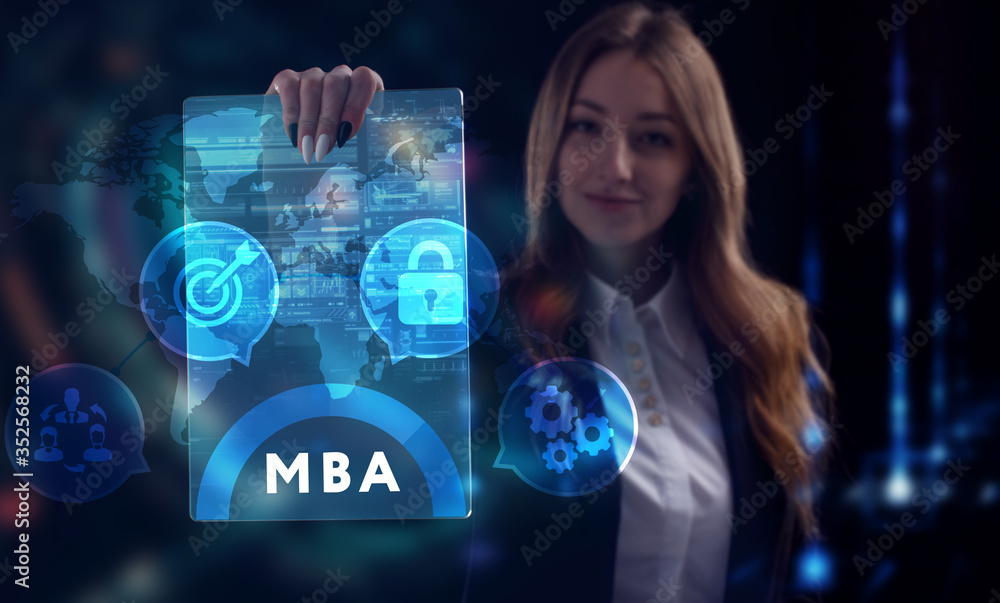 Business, Technology, Internet and network concept. Young businessman working on a virtual screen of the future and sees the inscription: MBA Business, Technology, Internet and network concept. Young businessman working on a virtual screen of the future and sees the inscription: MBA