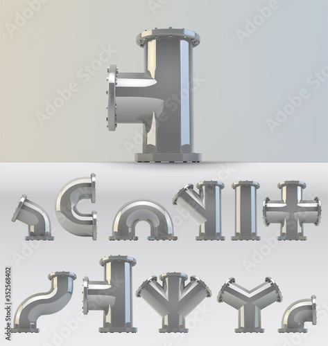 vector large set of plumbing steel pipes with flange.