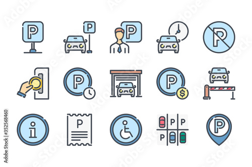 Parking related color line icon set. Paid Parking and Private Entry colorful linear icons. Garage and Car-park flat color outline vector sign collection.