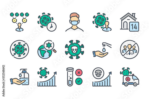 Coronavirus infection case rate related color line icon set. Covid19 and Transmission of coronavirus disease colorful linear icons. Coronavirus disease and quarantine flat color outline vector icons.