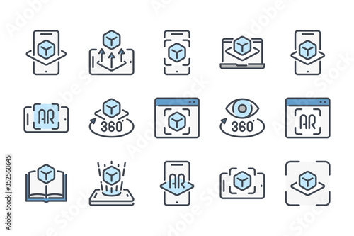 Augmented Reality related color line icon set. Interactive Simulation colorful linear icons. Virtual Reality flat color outline vector sign collection.