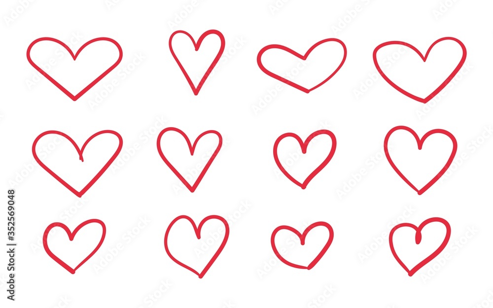 Heart doodle icon set. Hand drawn scribble hearts. Vector red love symbol sketch