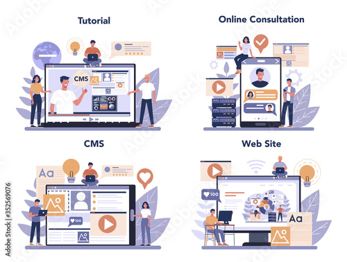Content management concept set. Idea of digital strategy and content