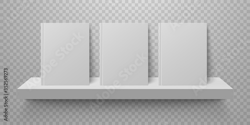 Book mockup on bookshelf. Bestsellers in hard cover on shelf. Bookstore display. Vector realistic mock up design