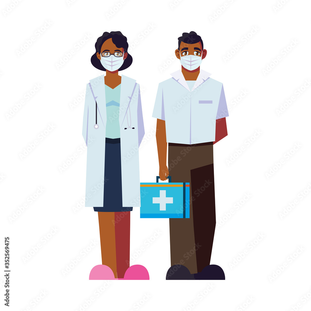 Obraz premium Man and woman doctor with uniforms masks and kit vector design
