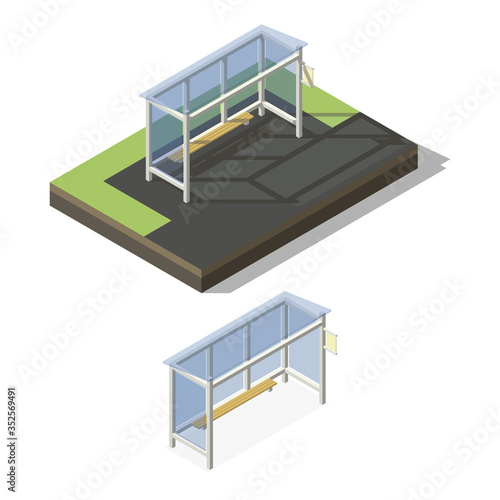Vector isometric bus stop. Flat 3d vector isometric illustration.