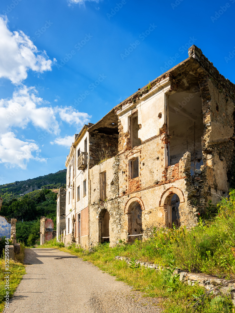 Ruined houses in the ghost village of Old Gairo, destroyed by the 1951 flood. Sardinia, Italy.