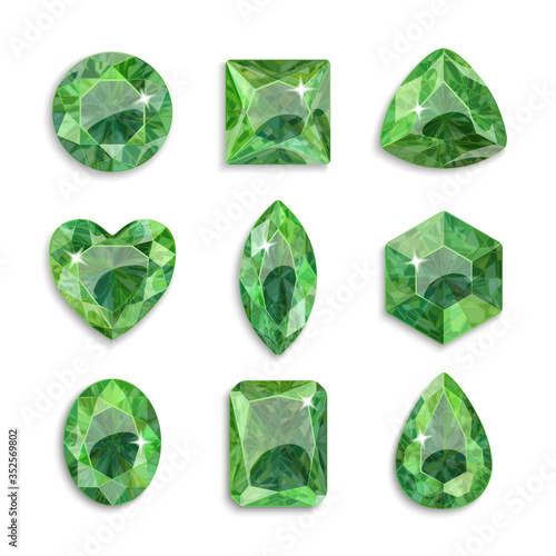 Gems of different shapes. Set of green crystals. Jewelry.