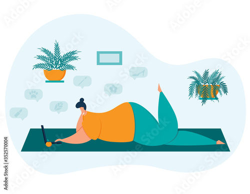 A plump girl with a small head lies coquettishly raising her leg. Working on a laptop or doing online shopping.Home decor with wall-mounted indoor flowers.Color trend illustration in flat style.Vector