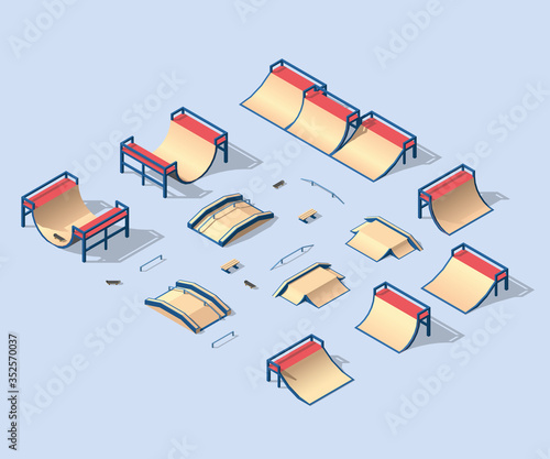 Set of isometric skate park elements. City park recreational sport environment for skateboarding skating cycling vector illustration.