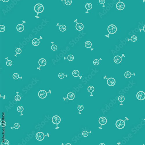 Green Unicycle or one wheel bicycle icon isolated seamless pattern on green background. Monowheel bicycle. Vector Illustration.
