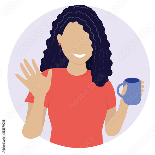 Flat vector illustration. The girl with a mug in her hand waves 