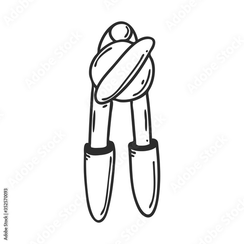 Metal can opener in a doodle style. Kitchen utensils, inventory. Design element for the design of magazines, packaging, menus, recipes. Hand drawn and isolated on white. Black and white vector.