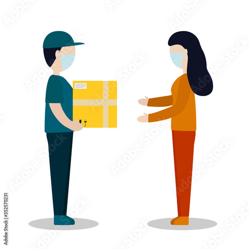 Flat vector illustration of express delivery service, courier service, delivery of goods, ordering food via the Internet.
The courier hands the parcel to the recipient. Free shipping, online shopping,