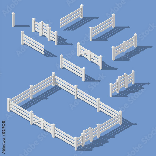 Isometric set of white fence with gates. Fencing constructor.