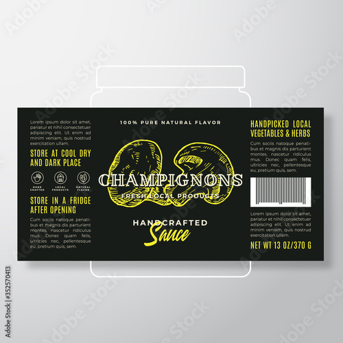 Handcrafted Vegetables and Herbs Sauce Label Template. Abstract Vector Packaging Design Layout. Modern Typography Banner with Hand Drawn Champignon Mushrooms Silhouette Background.