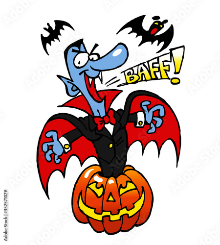 Vampire and bats fly out of the pumpkin and are scary, Halloween theme colo cartoon