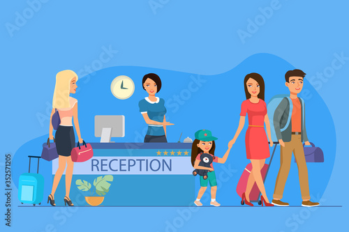 Happy family and tourist guests at the hotel reception. People with a traveling bag walking. Travelling and touristic concept. Copy space for design or text. Flat style vector illustration
