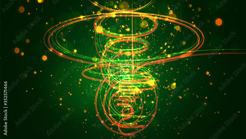 abstract thread with bends and waves flying in space, endless sparks and glow of green and yellow colors abstract thread with bends and waves flying in space, endless sparks and glow of green and yellow colors