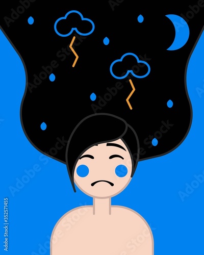 Girl sad, depression, loneliness, pessimist mental health. Think of bad and stress. Rain under to the moon in autumn, brunette on a blue background.