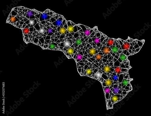 Web mesh vector map of Abkhazia with glare effect on a black background. Abstract lines, light spots and spheric points form map of Abkhazia constellation.