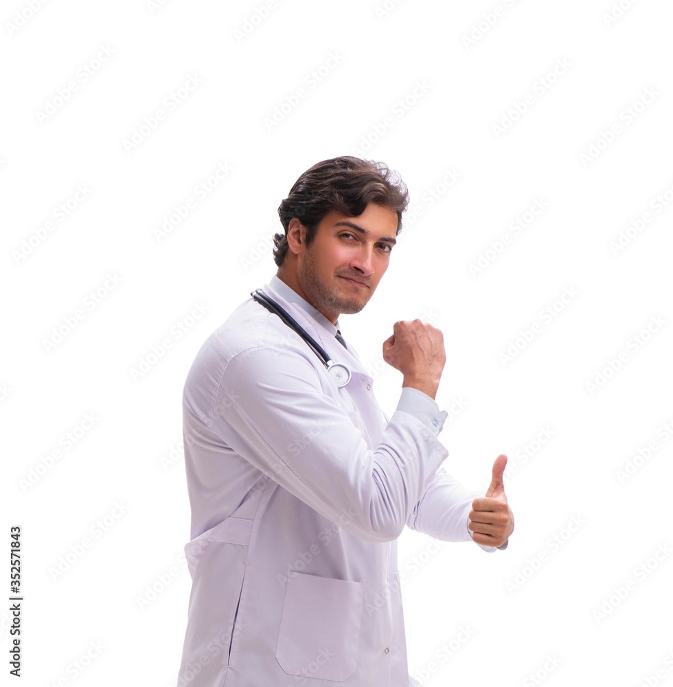 Young handsome doctor under pressure isolated on white Young handsome doctor under pressure isolated on white