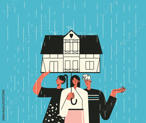 Illustration of a group of three under the umbrella in the form of hose. Family at home on a rainy day. Help, support, and mental health concept. Concept of self isolation, quarantined isolation