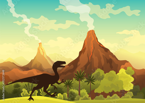 Prehistoric landscape - volcano with smoke  mountains  dinosaurs and green vegetation. Vector illustration of beautiful prehistoric landscape and dinosaurs