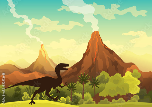 Prehistoric landscape - volcano with smoke, mountains, dinosaurs and green vegetation. Vector illustration of beautiful prehistoric landscape and dinosaurs