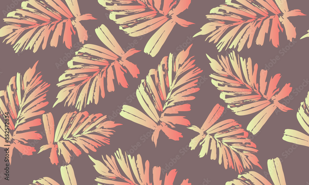 Tropical leaves on a light brown background, in gentle light colors. Seamless texture. Summer print. Vector illustration for wallpaper, textile, packaging, fabric.