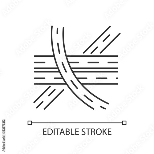 Multi level junction pixel perfect linear icon. Highway system. Multiple roads. Roadway direction. Thin line customizable illustration. Contour symbol. Vector isolated outline drawing. Editable stroke