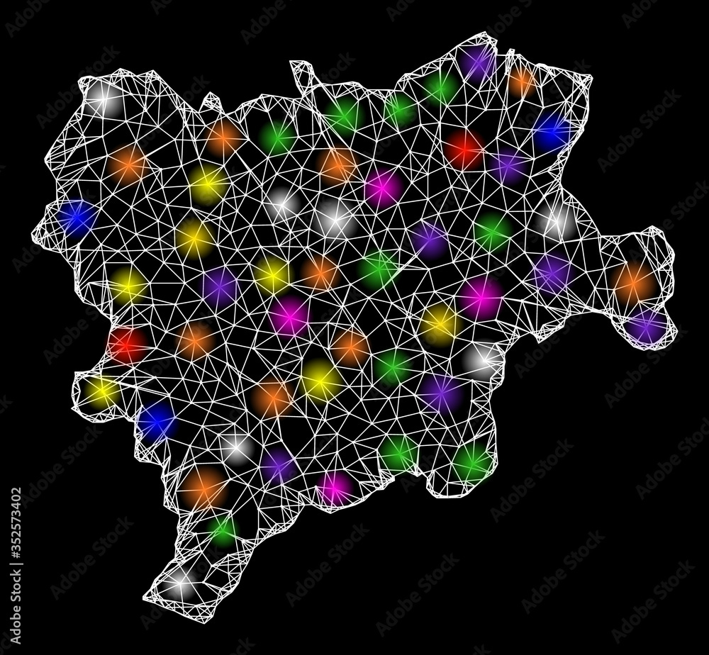 Web mesh vector map of Albacete Province with glare effect on a black background. Abstract lines, light spots and dots form map of Albacete Province constellation. Web mesh vector map of Albacete Province with glare effect on a black background. Abstract lines, light spots and dots form map of Albacete Province constellation.