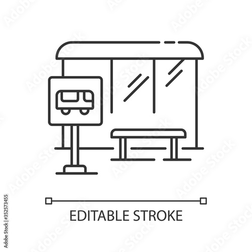 Bus stop pixel perfect linear icon. Wait for public transport. Urban commute. City infrastructure. Thin line customizable illustration. Contour symbol. Vector isolated outline drawing. Editable stroke