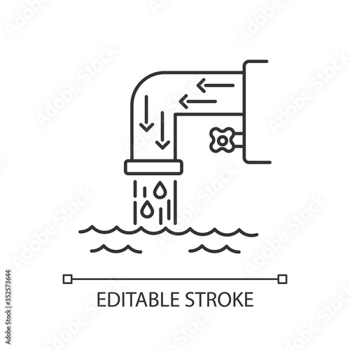 Drainage system pixel perfect linear icon. Steel pipe with flowing water. Environmental pollution. Thin line customizable illustration. Contour symbol. Vector isolated outline drawing. Editable stroke